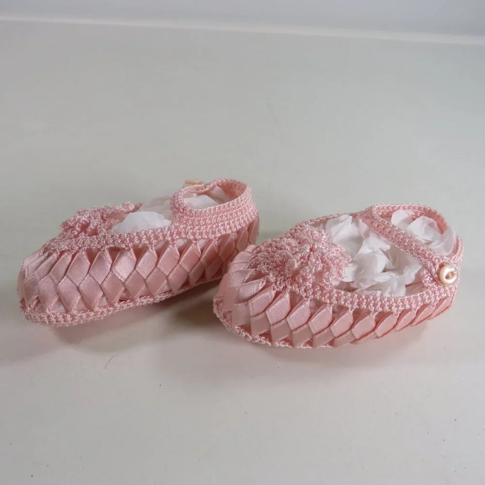 Baby Pink Ribbon Embroidered & Crocheted Shoes Newborn 3 3/4
